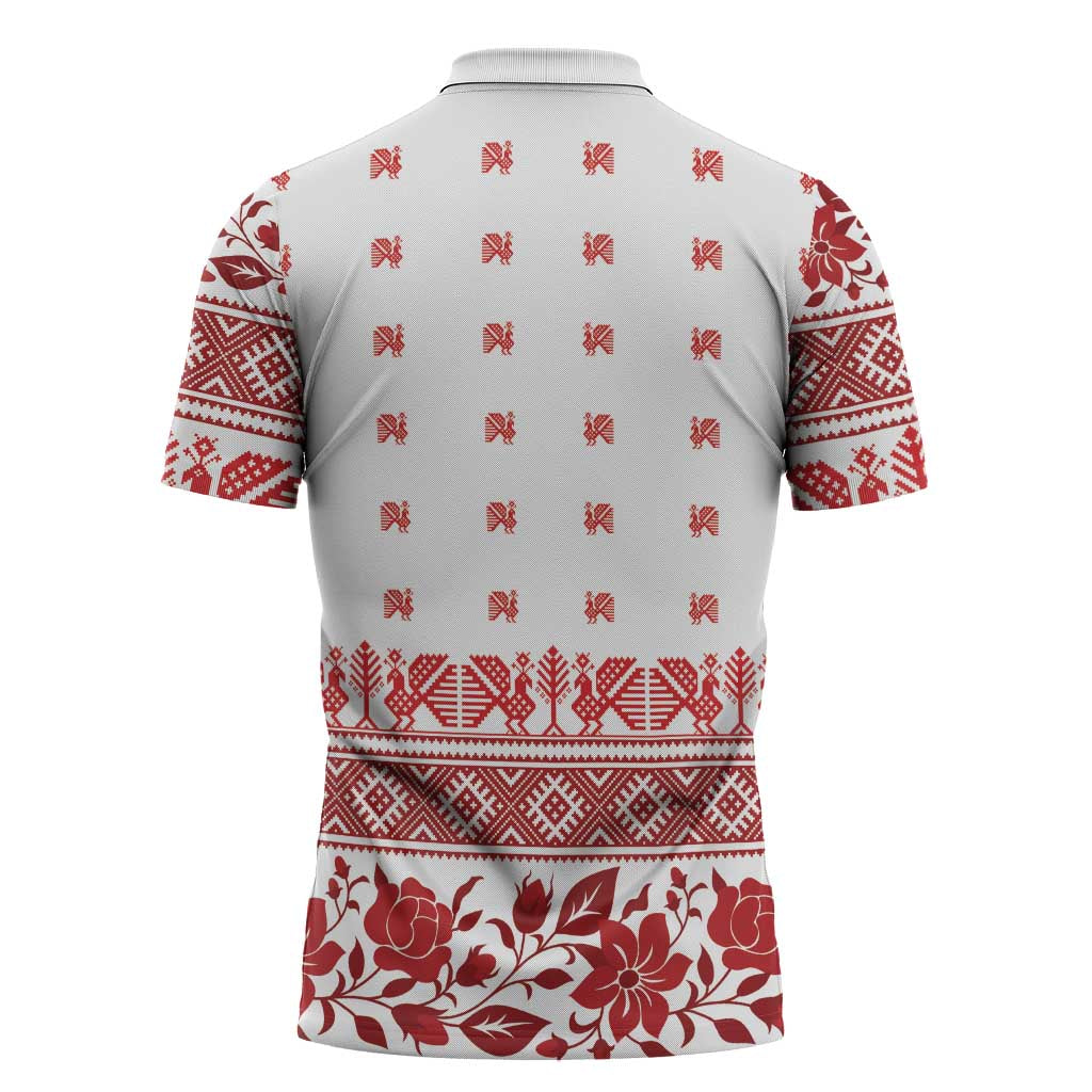 Antique Croatia Folk Embroidery Inspired Pattern Zipper Polo Shirt Roses and Peacocks - Wonder Print Shop