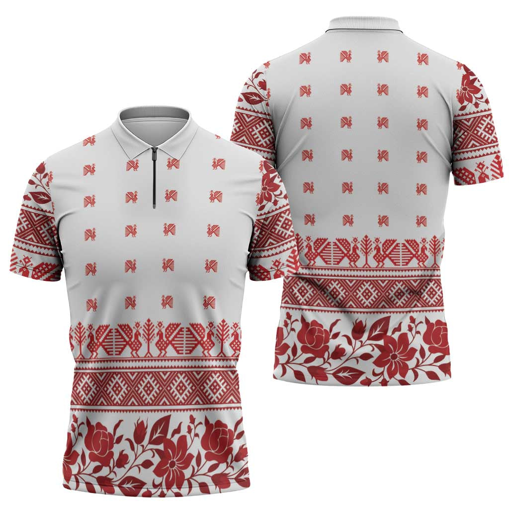 Antique Croatia Folk Embroidery Inspired Pattern Zipper Polo Shirt Roses and Peacocks - Wonder Print Shop