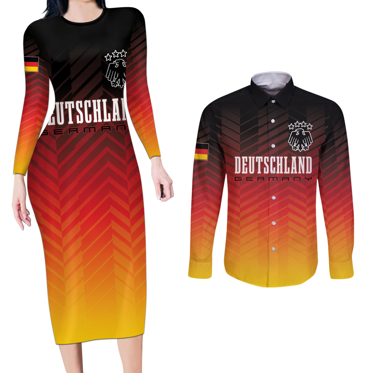 Germany Football Couples Matching Long Sleeve Bodycon Dress and Long Sleeve Button Shirt Nationalelf Dynamic LT7 - Wonder Print Shop