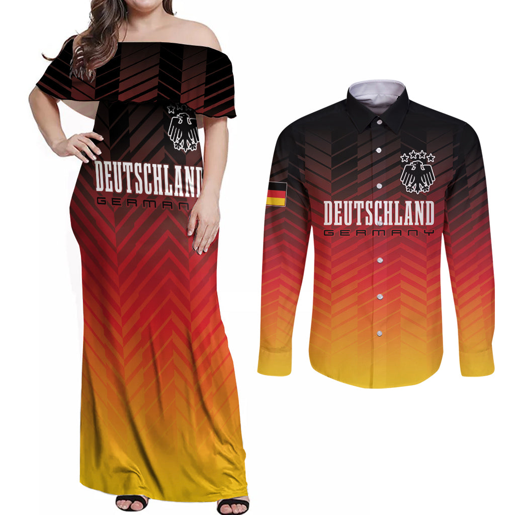 Germany Football Couples Matching Off Shoulder Maxi Dress and Long Sleeve Button Shirt Nationalelf Dynamic LT7 - Wonder Print Shop