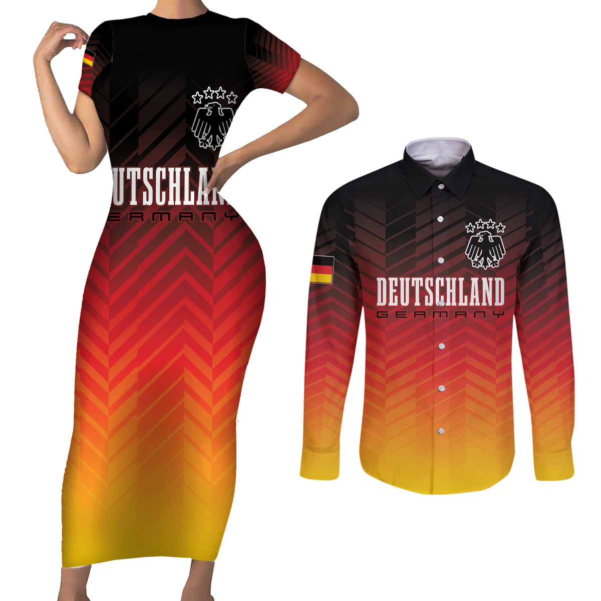Germany Football Couples Matching Short Sleeve Bodycon Dress and Long Sleeve Button Shirt Nationalelf Dynamic LT7 - Wonder Print Shop
