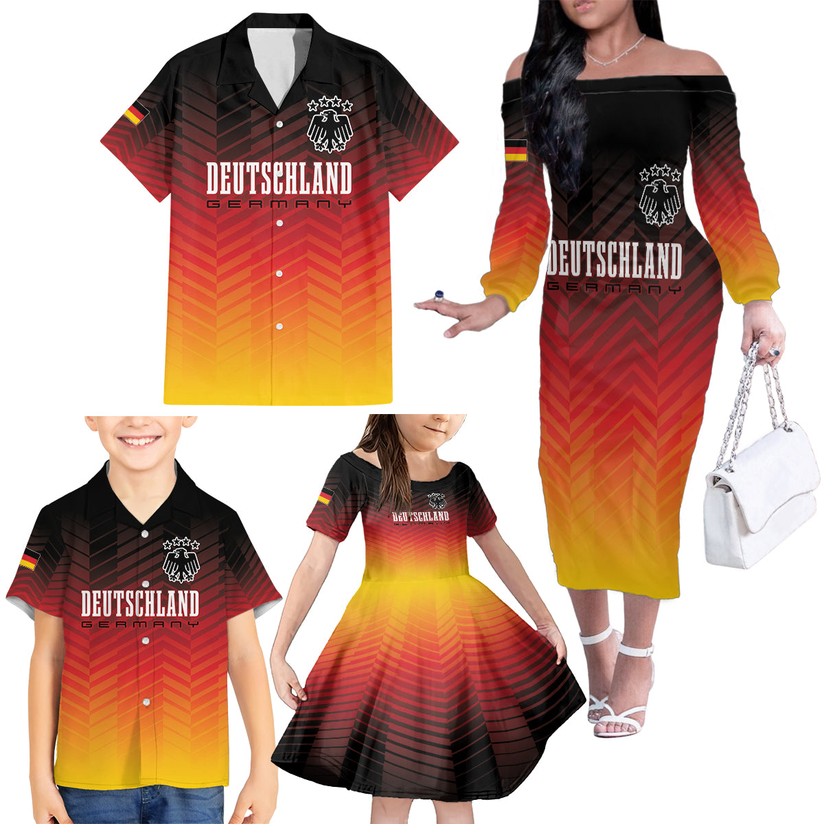 Germany Football Family Matching Off The Shoulder Long Sleeve Dress and Hawaiian Shirt Nationalelf Dynamic - Wonder Print Shop