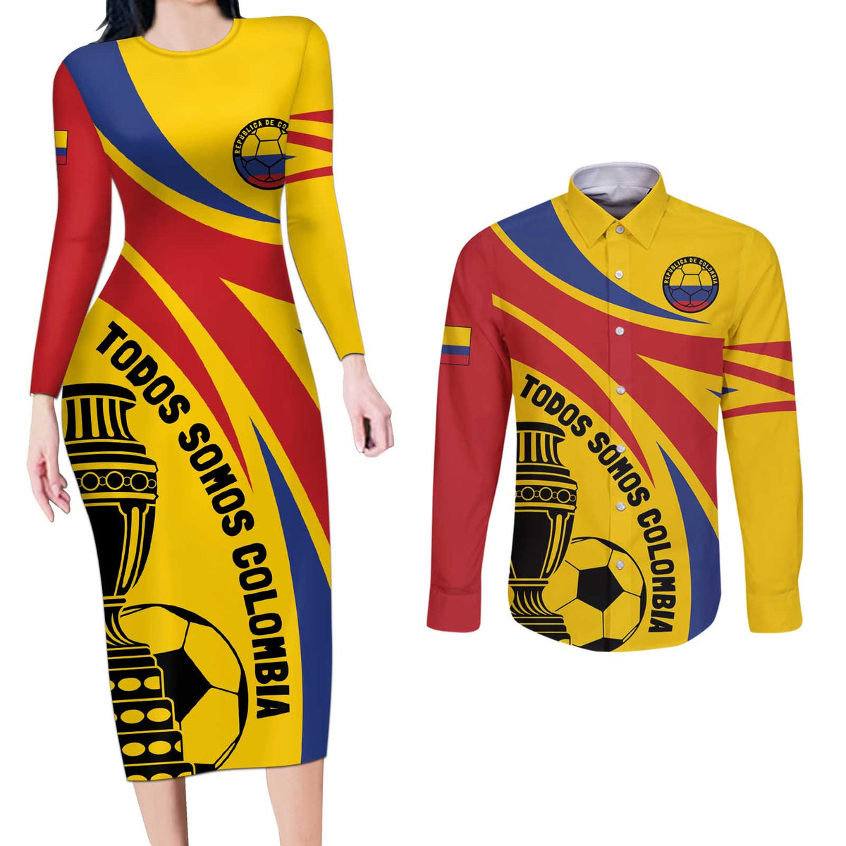 Colombia Football Custom Couples Matching Long Sleeve Bodycon Dress and Long Sleeve Button Shirt Todos Somos Colombia LT7 - Wonder Print Shop