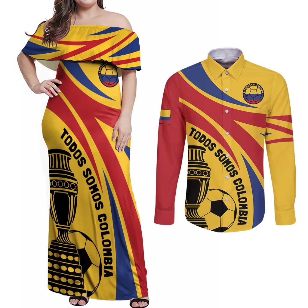 Colombia Football Custom Couples Matching Off Shoulder Maxi Dress and Long Sleeve Button Shirt Todos Somos Colombia LT7 - Wonder Print Shop