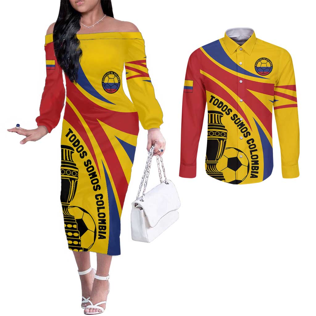 Colombia Football Custom Couples Matching Off The Shoulder Long Sleeve Dress and Long Sleeve Button Shirt Todos Somos Colombia