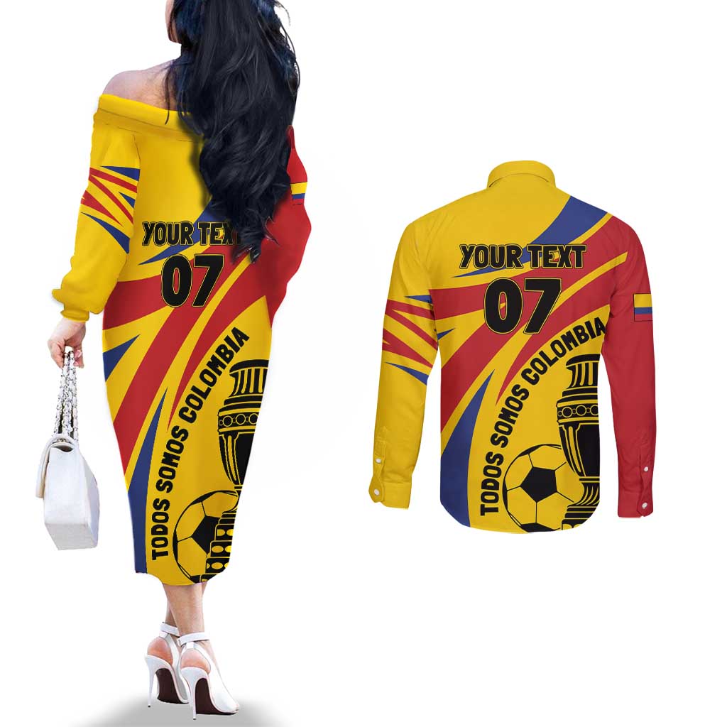 Colombia Football Custom Couples Matching Off The Shoulder Long Sleeve Dress and Long Sleeve Button Shirt Todos Somos Colombia