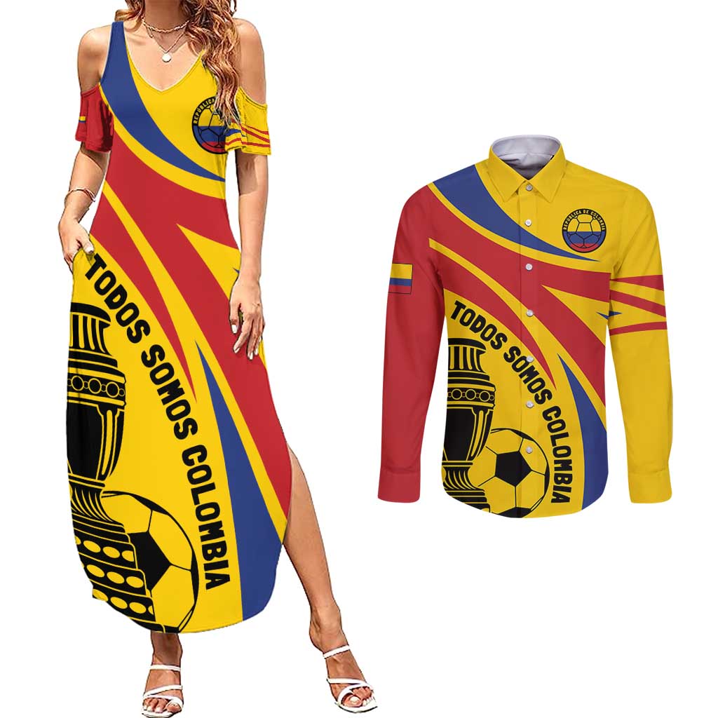 Colombia Football Custom Couples Matching Summer Maxi Dress and Long Sleeve Button Shirt Todos Somos Colombia LT7 - Wonder Print Shop