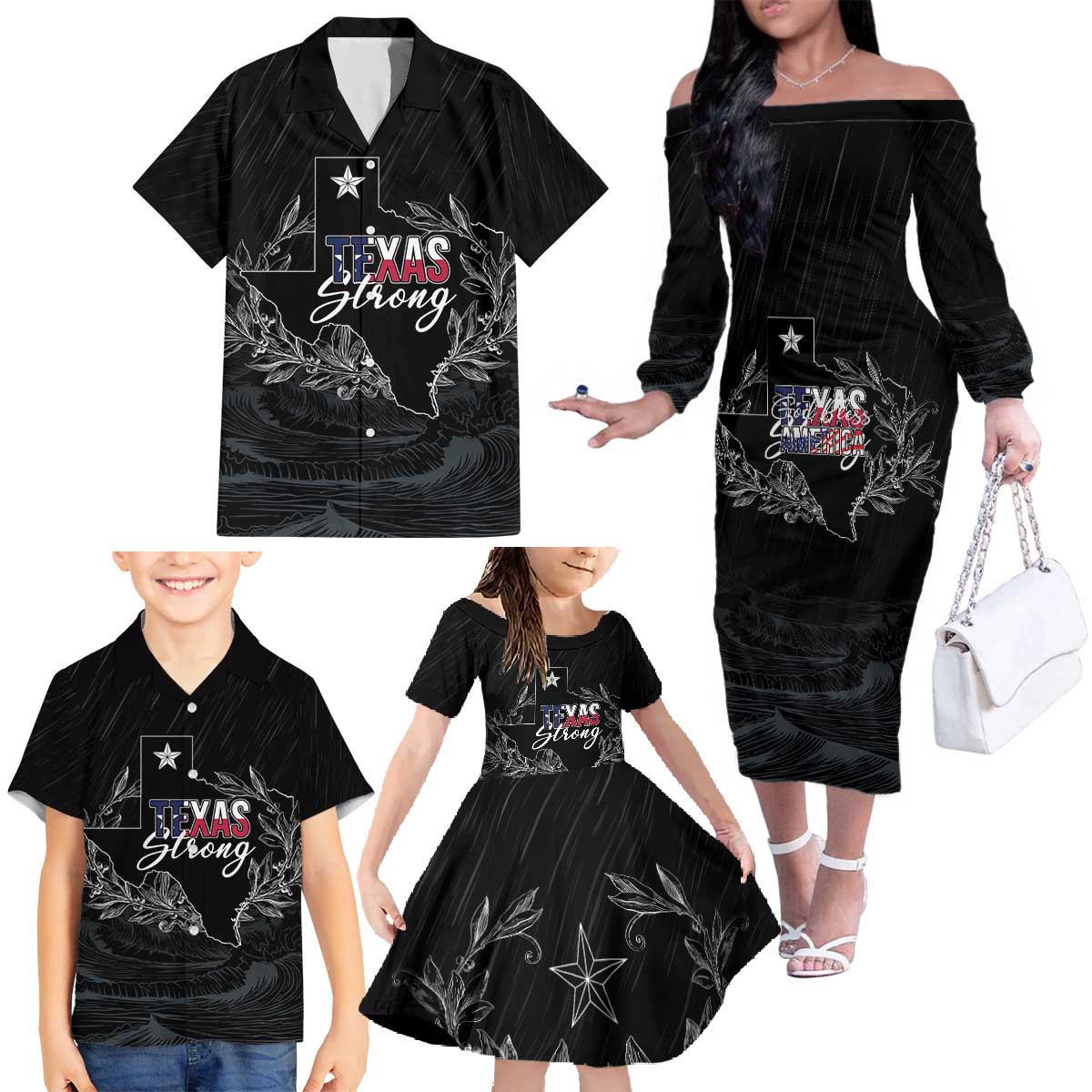 Pray for Texas Hill Country Family Matching Off The Shoulder Long Sleeve Dress and Hawaiian Shirt - Wonder Print Shop