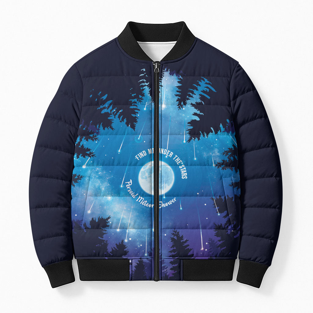 Perseid Meteor Shower Bomber Puffer Jacket Starry Sky Above The Trees