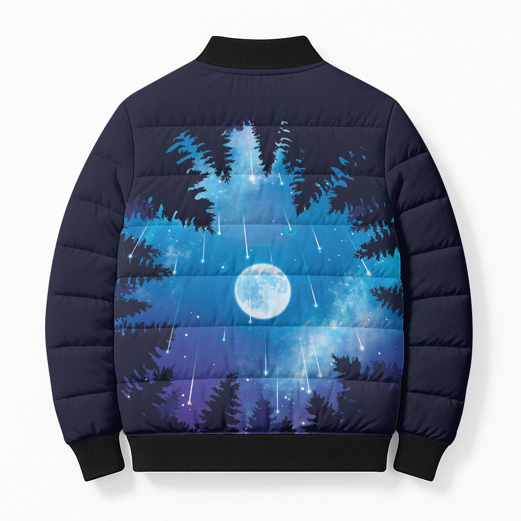 Perseid Meteor Shower Bomber Puffer Jacket Starry Sky Above The Trees