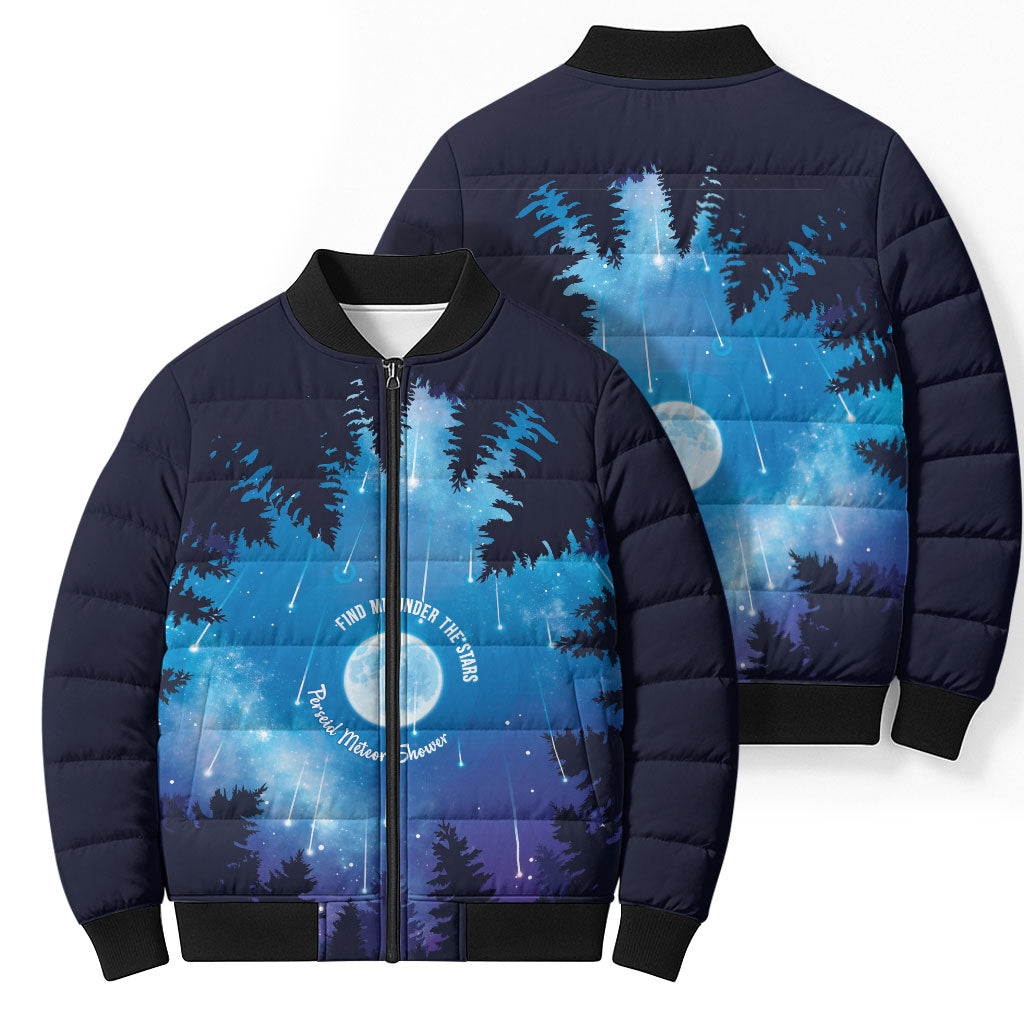 Perseid Meteor Shower Bomber Puffer Jacket Starry Sky Above The Trees
