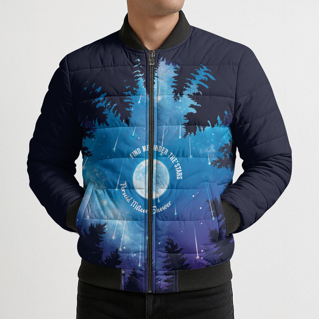 Perseid Meteor Shower Bomber Puffer Jacket Starry Sky Above The Trees