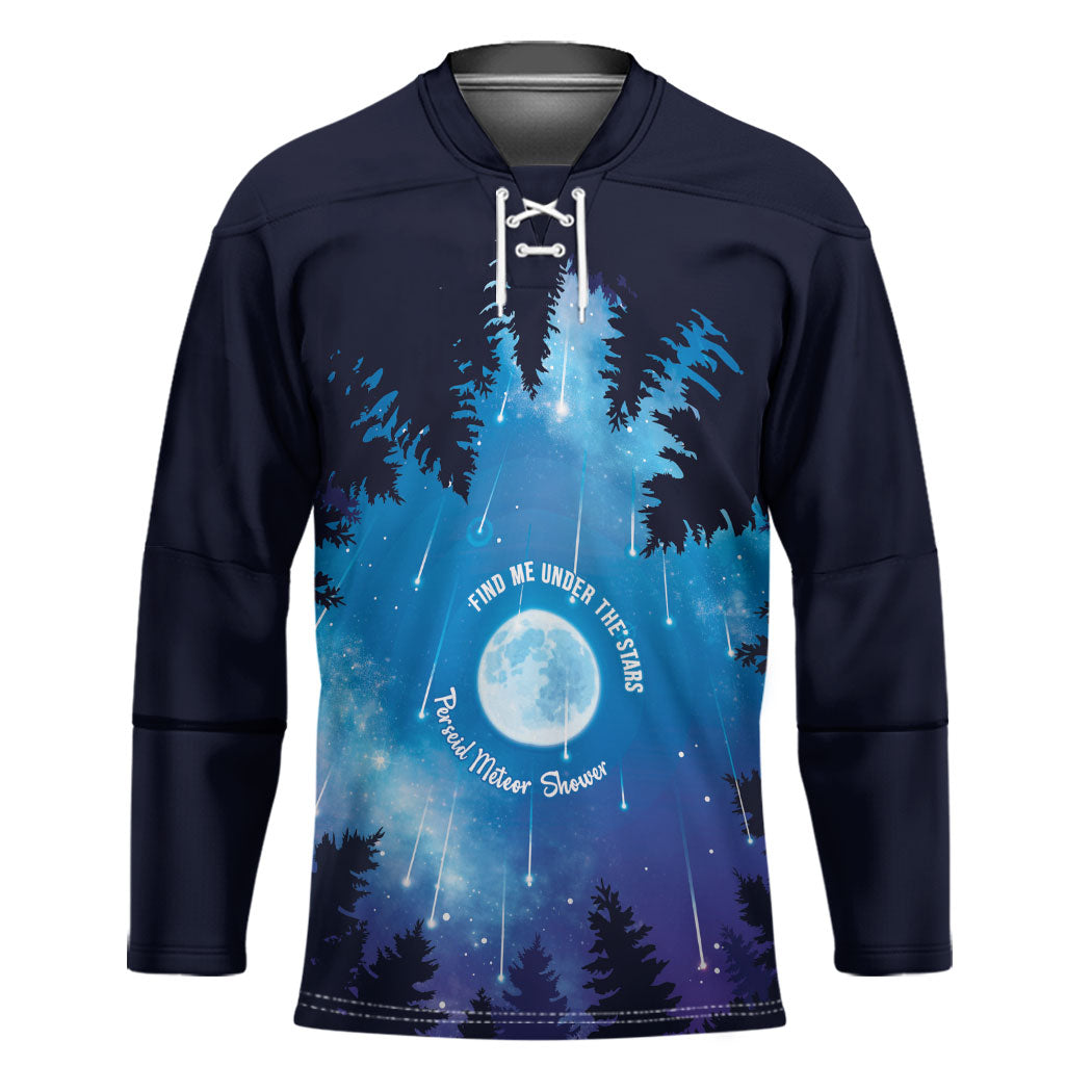 Perseid Meteor Shower Hockey Jersey Starry Sky Above The Trees