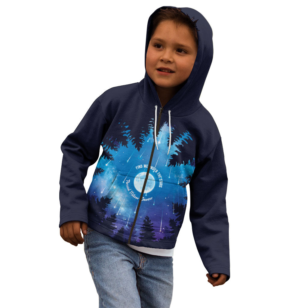 Perseid Meteor Shower Kid Hoodie Starry Sky Above The Trees