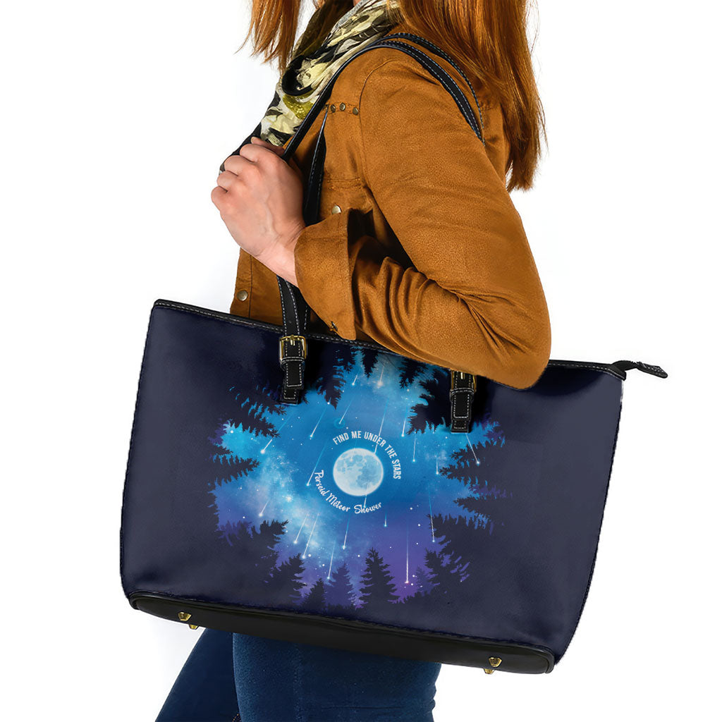 Perseid Meteor Shower Leather Tote Bag Starry Sky Above The Trees