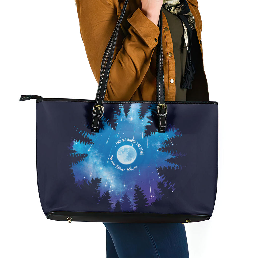 Perseid Meteor Shower Leather Tote Bag Starry Sky Above The Trees