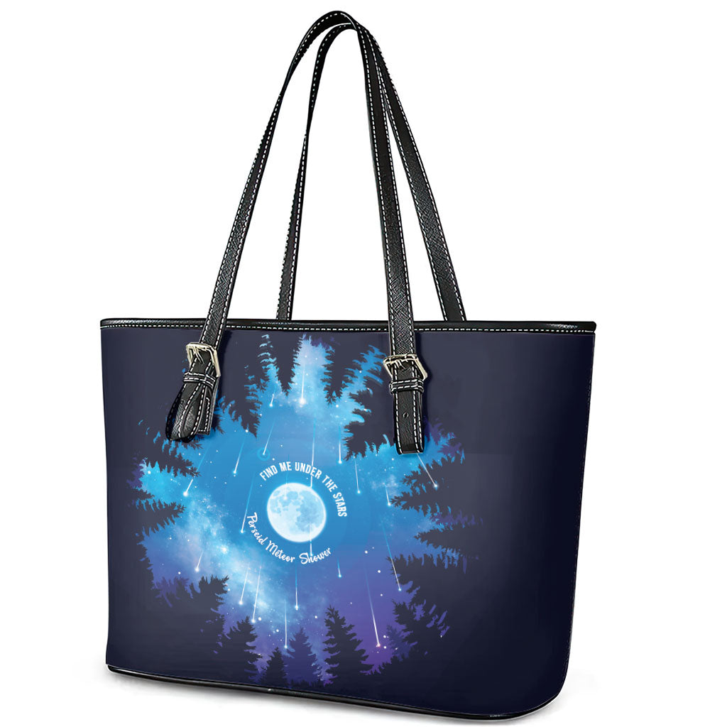 Perseid Meteor Shower Leather Tote Bag Starry Sky Above The Trees
