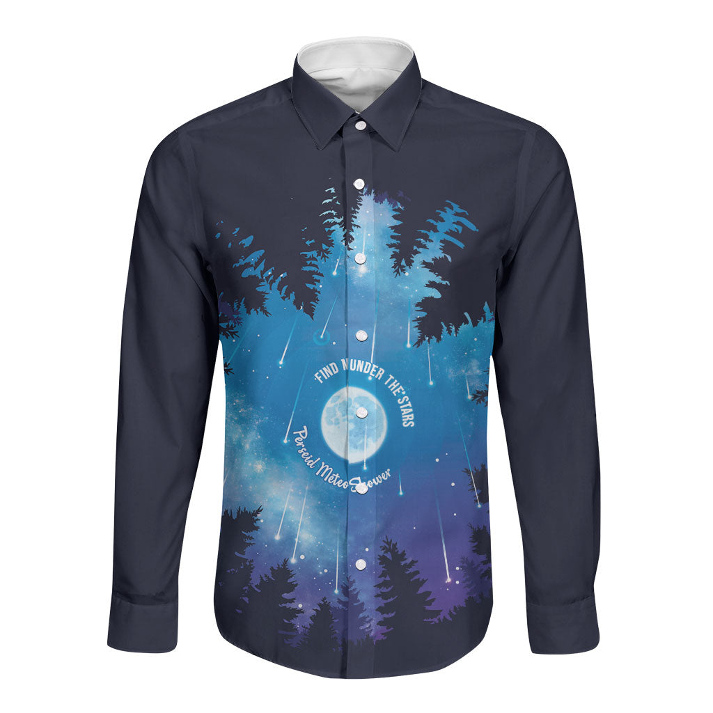 Perseid Meteor Shower Long Sleeve Button Shirt Starry Sky Above The Trees