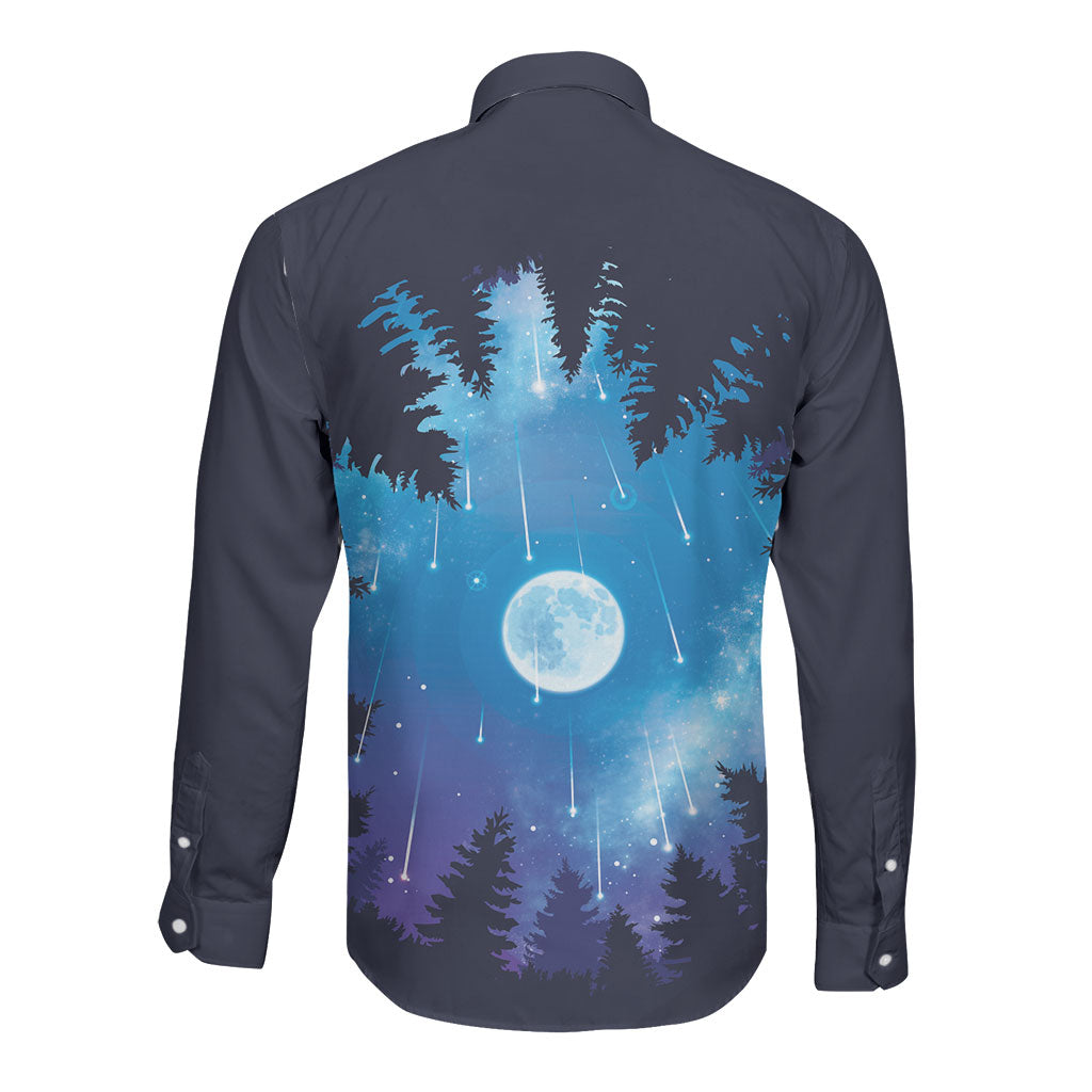 Perseid Meteor Shower Long Sleeve Button Shirt Starry Sky Above The Trees