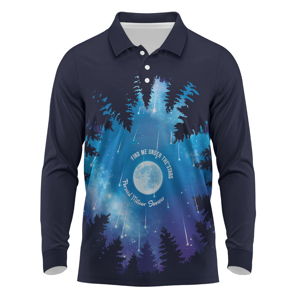 Perseid Meteor Shower Long Sleeve Polo Shirt Starry Sky Above The Trees