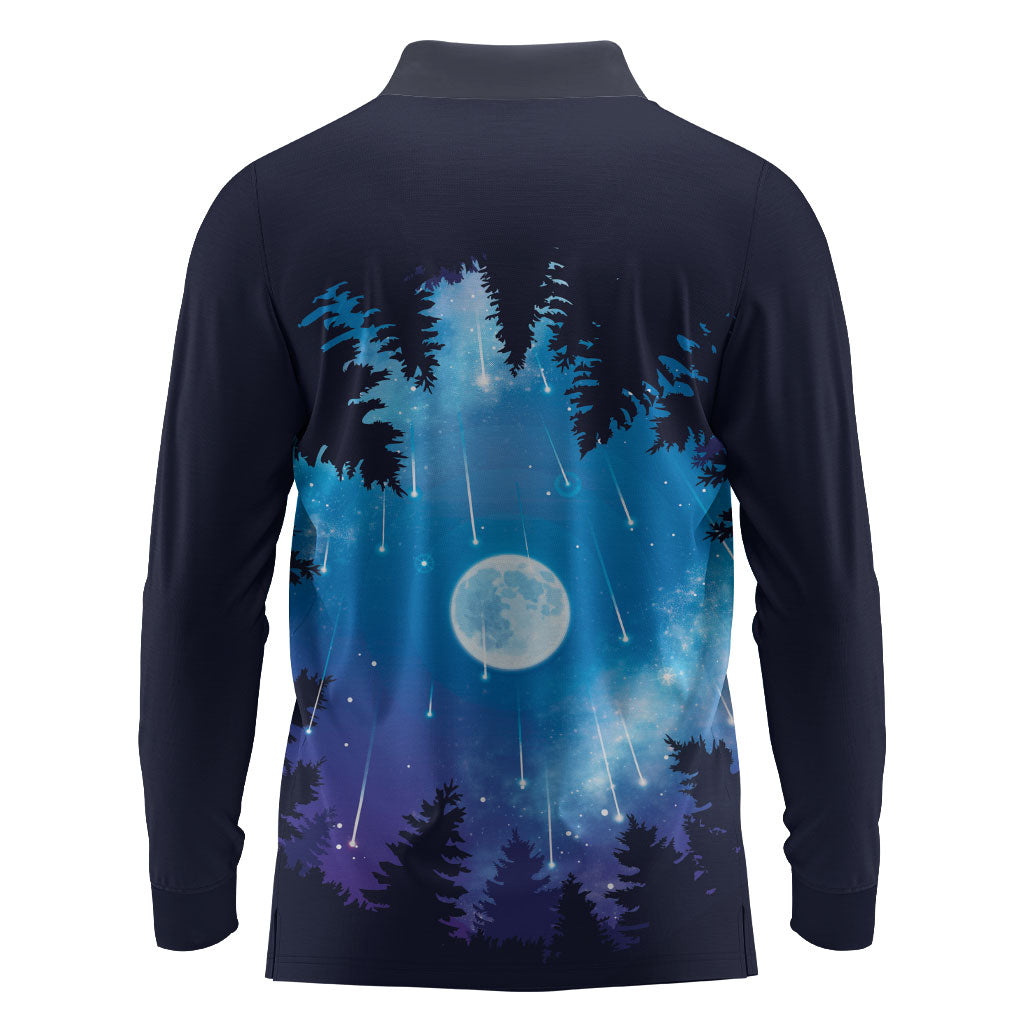 Perseid Meteor Shower Long Sleeve Polo Shirt Starry Sky Above The Trees