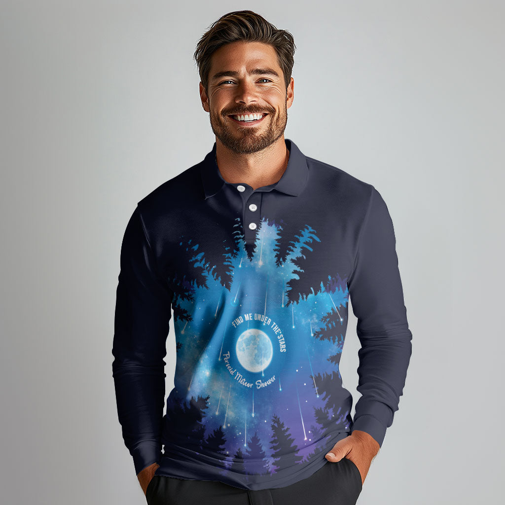 Perseid Meteor Shower Long Sleeve Polo Shirt Starry Sky Above The Trees
