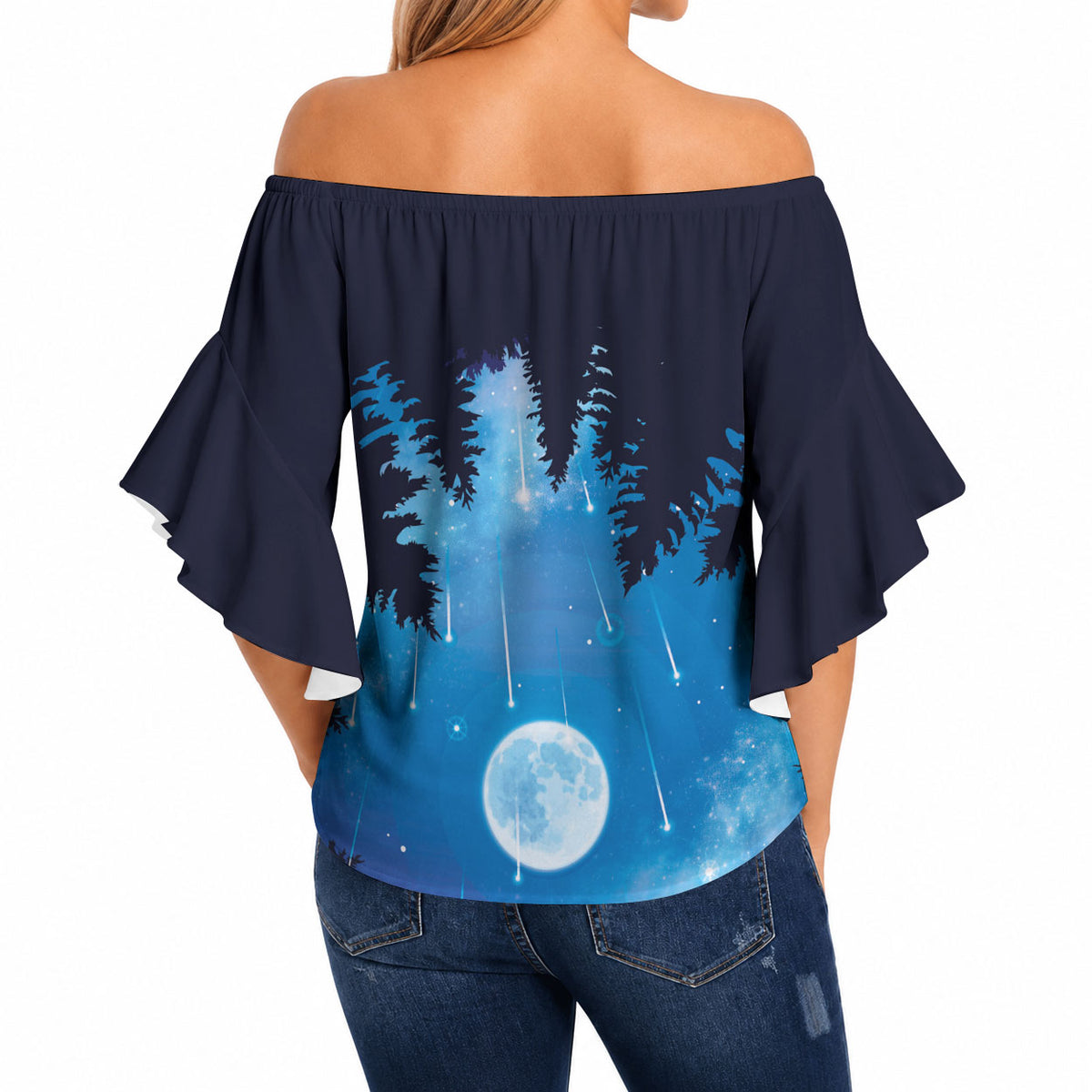 Perseid Meteor Shower Off Shoulder Wrap Waist Top Starry Sky Above The Trees