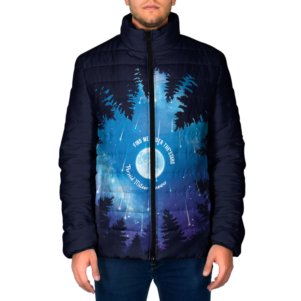 Perseid Meteor Shower Padded Jacket Starry Sky Above The Trees