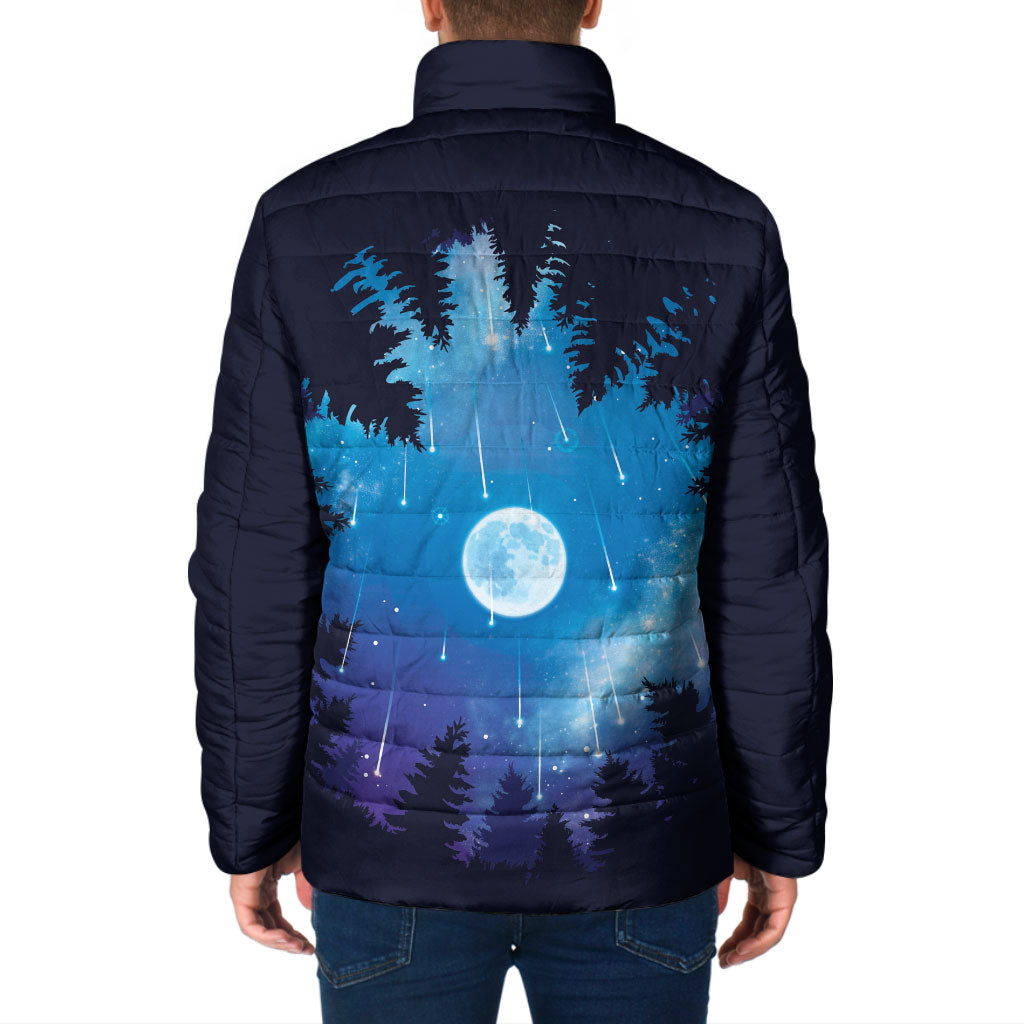 Perseid Meteor Shower Padded Jacket Starry Sky Above The Trees