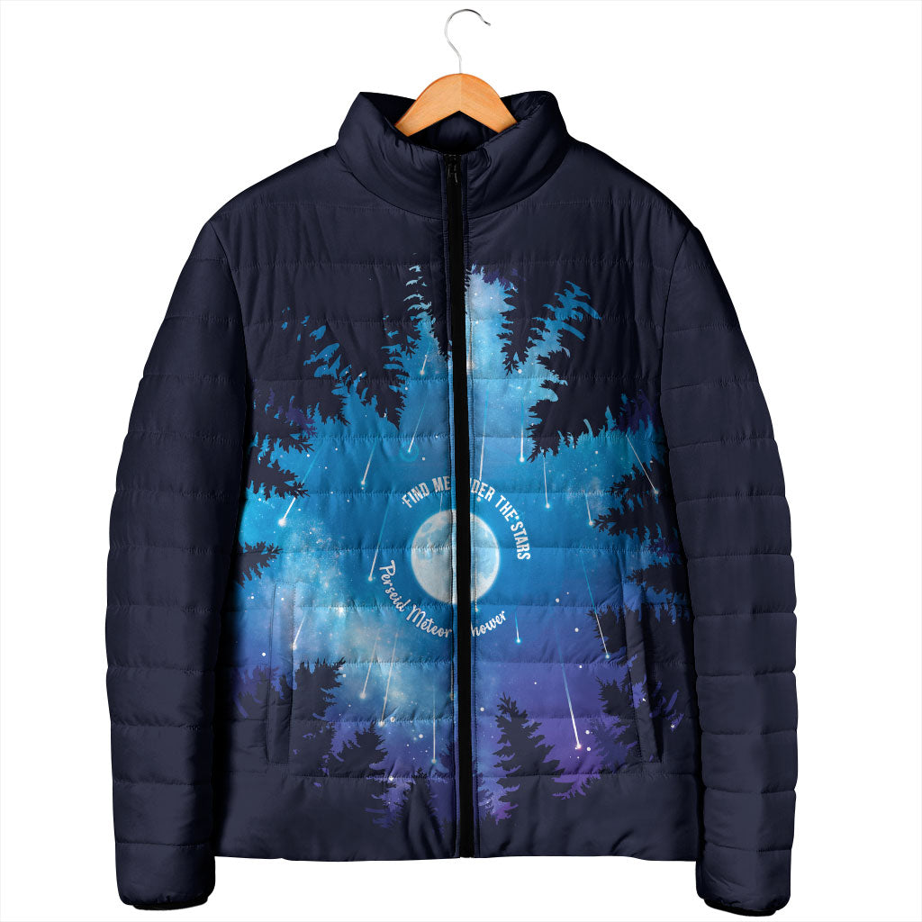 Perseid Meteor Shower Padded Jacket Starry Sky Above The Trees