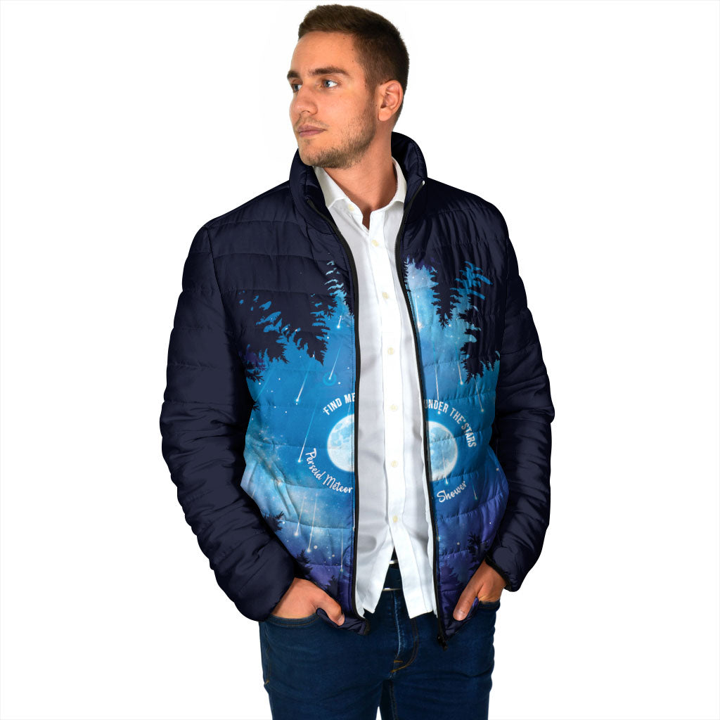 Perseid Meteor Shower Padded Jacket Starry Sky Above The Trees