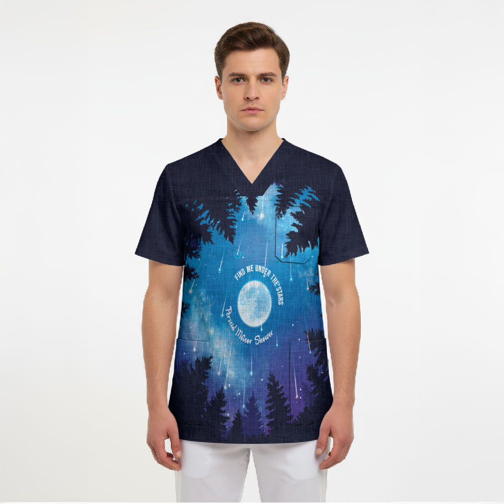 Perseid Meteor Shower Scrub Top Starry Sky Above The Trees