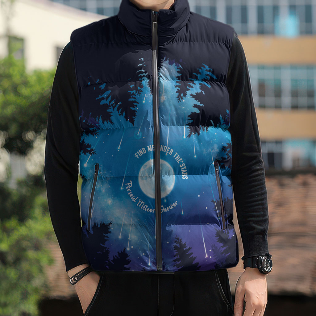 Perseid Meteor Shower Sleeveless Puffer Jacket Starry Sky Above The Trees
