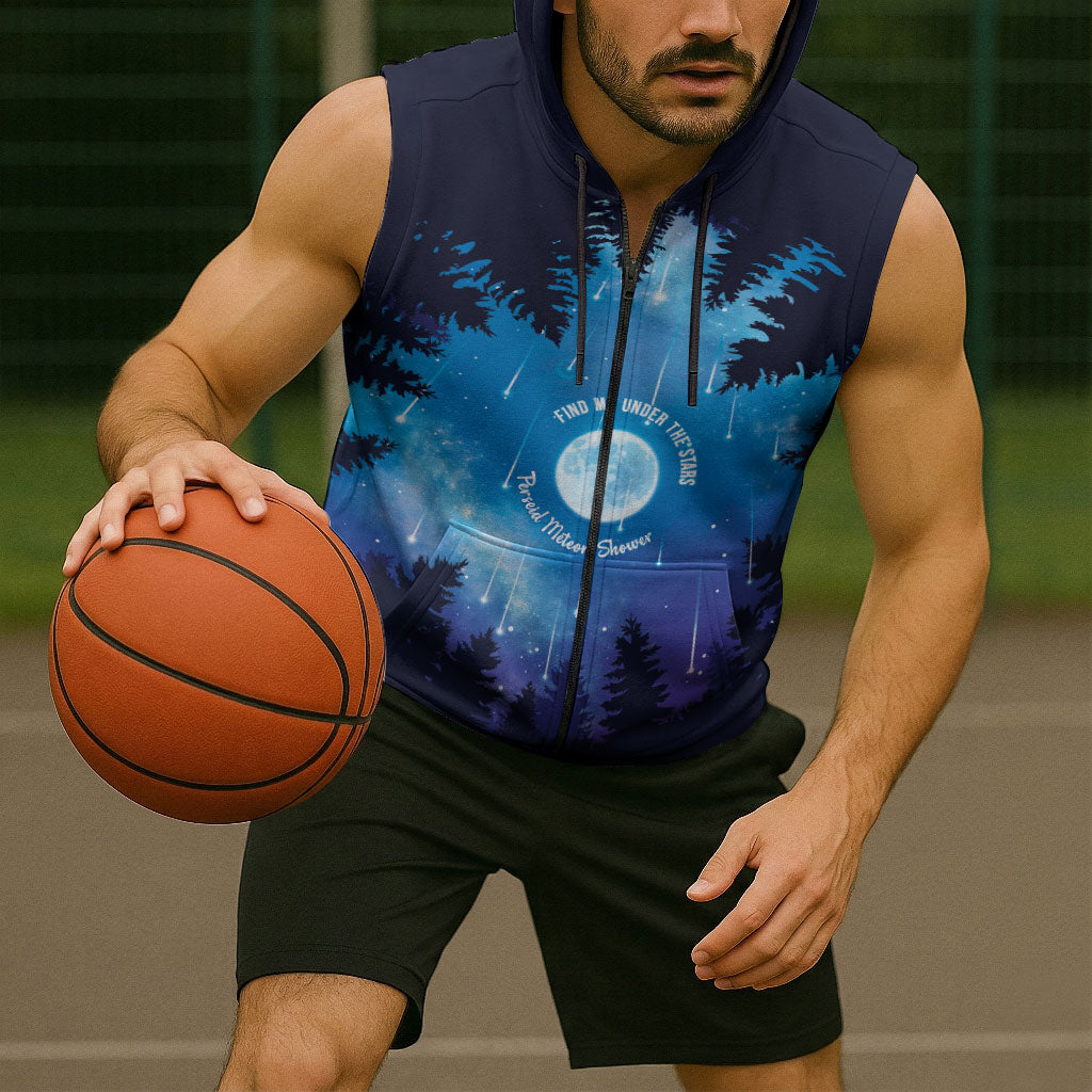 Perseid Meteor Shower Sleeveless Zip Hoodie Starry Sky Above The Trees