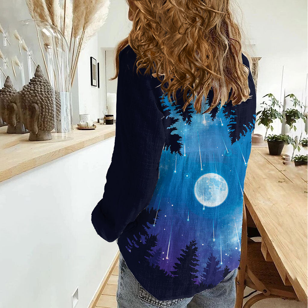 Perseid Meteor Shower Women Casual Shirt Starry Sky Above The Trees
