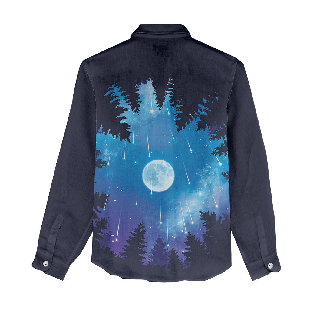 Perseid Meteor Shower Women Casual Shirt Starry Sky Above The Trees