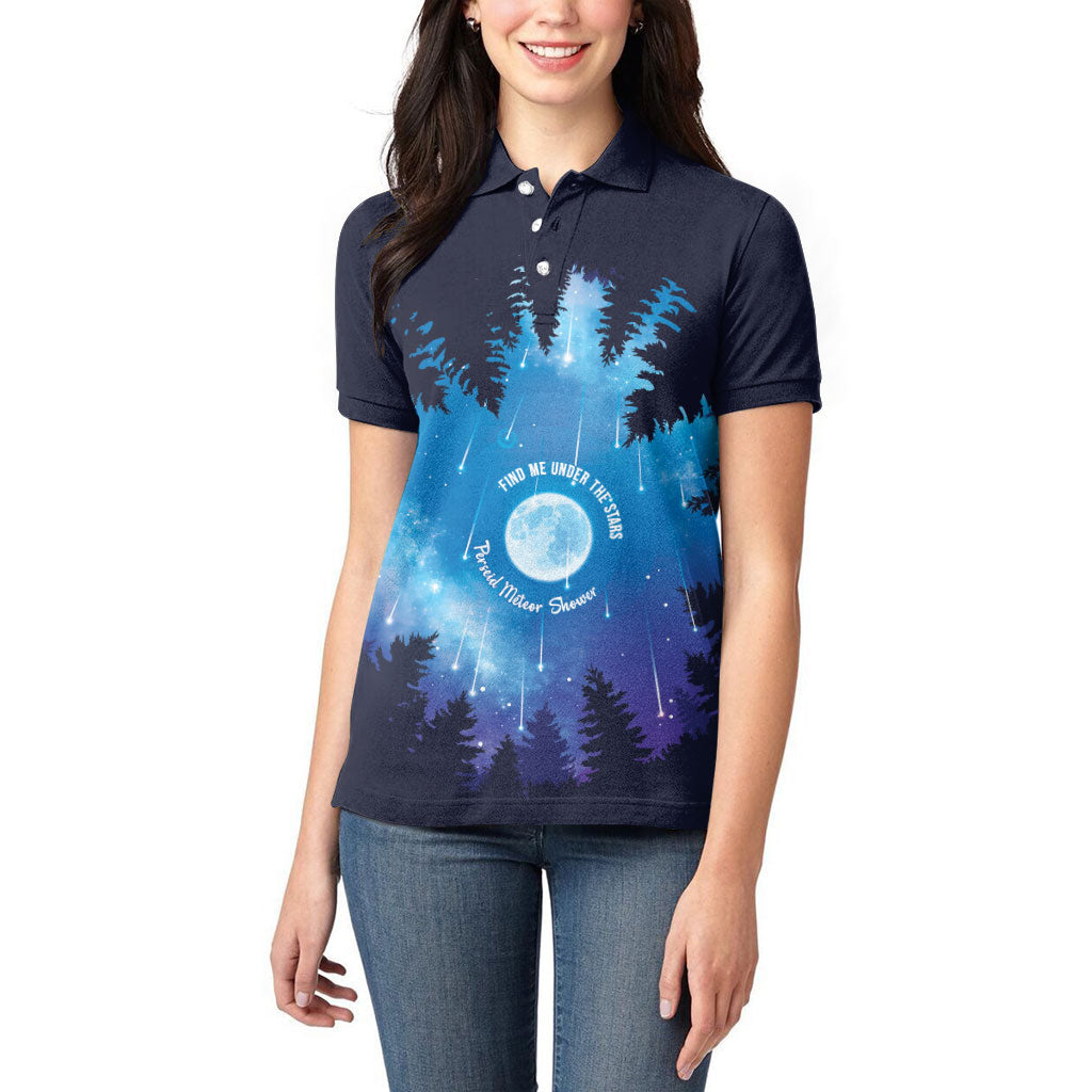 Perseid Meteor Shower Women Polo Shirt Starry Sky Above The Trees