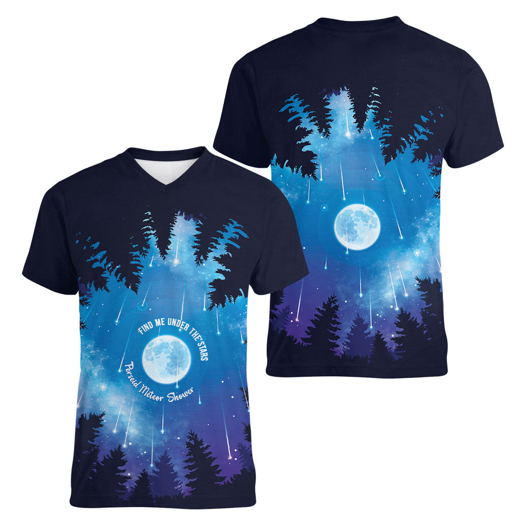 Perseid Meteor Shower Women V-Neck T-Shirt Starry Sky Above The Trees