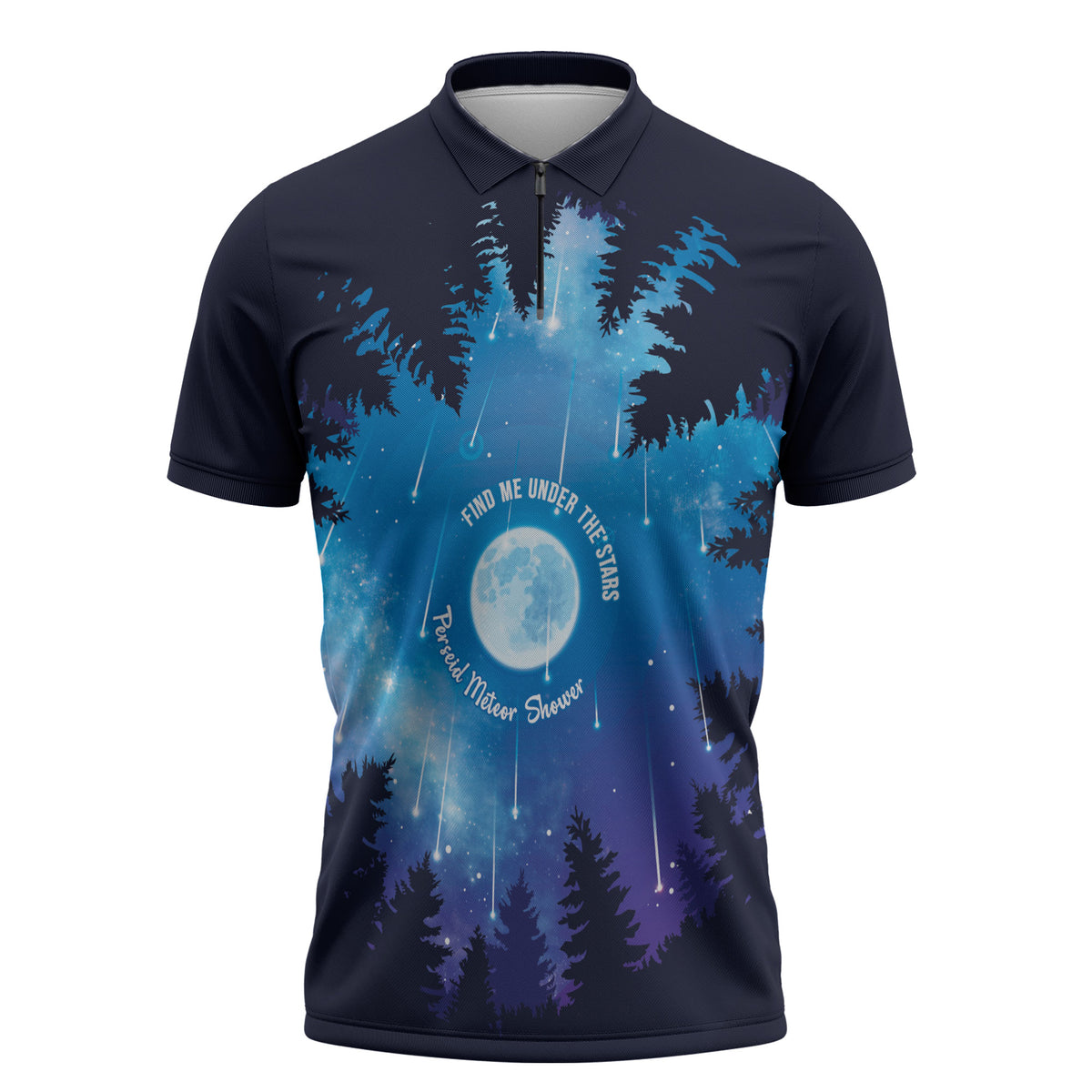 Perseid Meteor Shower Zipper Polo Shirt Starry Sky Above The Trees