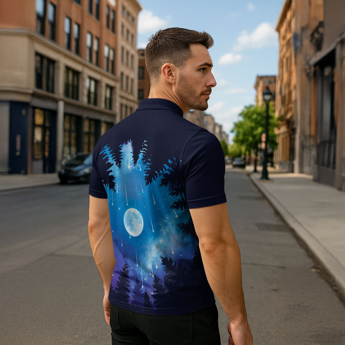 Perseid Meteor Shower Zipper Polo Shirt Starry Sky Above The Trees