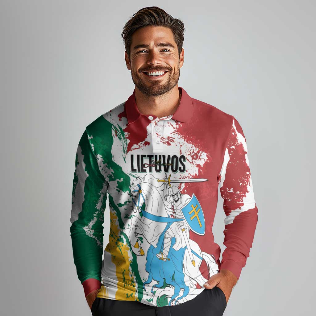 Lithuania Personalized Long Sleeve Polo Shirt Lietuvos Artsy Vytis