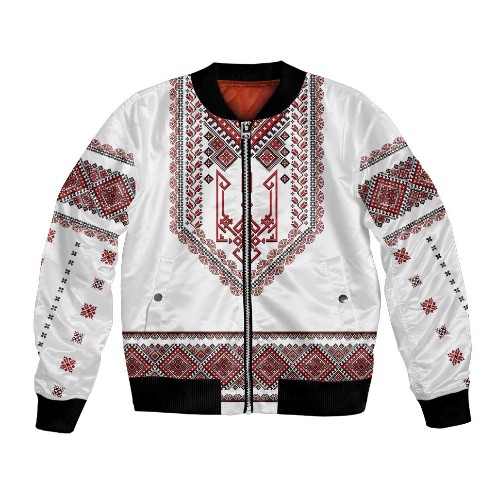 Ukraine Vyshyvanka Inspired Patterns Bomber Jacket White