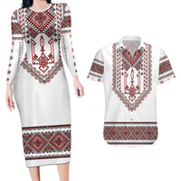Ukraine Vyshyvanka Inspired Patterns Couples Matching Long Sleeve Bodycon Dress and Hawaiian Shirt White