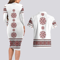 Ukraine Vyshyvanka Inspired Patterns Couples Matching Long Sleeve Bodycon Dress and Hawaiian Shirt White