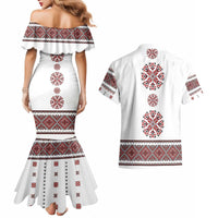 Ukraine Vyshyvanka Inspired Patterns Couples Matching Mermaid Dress and Hawaiian Shirt White