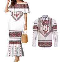 Ukraine Vyshyvanka Inspired Patterns Couples Matching Mermaid Dress and Long Sleeve Button Shirt White