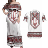 Ukraine Vyshyvanka Inspired Patterns Couples Matching Off Shoulder Maxi Dress and Hawaiian Shirt White