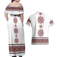 Ukraine Vyshyvanka Inspired Patterns Couples Matching Off Shoulder Maxi Dress and Hawaiian Shirt White