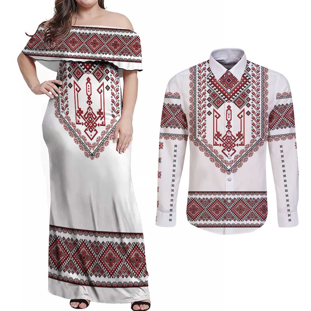 Ukraine Vyshyvanka Inspired Patterns Couples Matching Off Shoulder Maxi Dress and Long Sleeve Button Shirt White