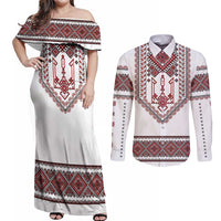 Ukraine Vyshyvanka Inspired Patterns Couples Matching Off Shoulder Maxi Dress and Long Sleeve Button Shirt White